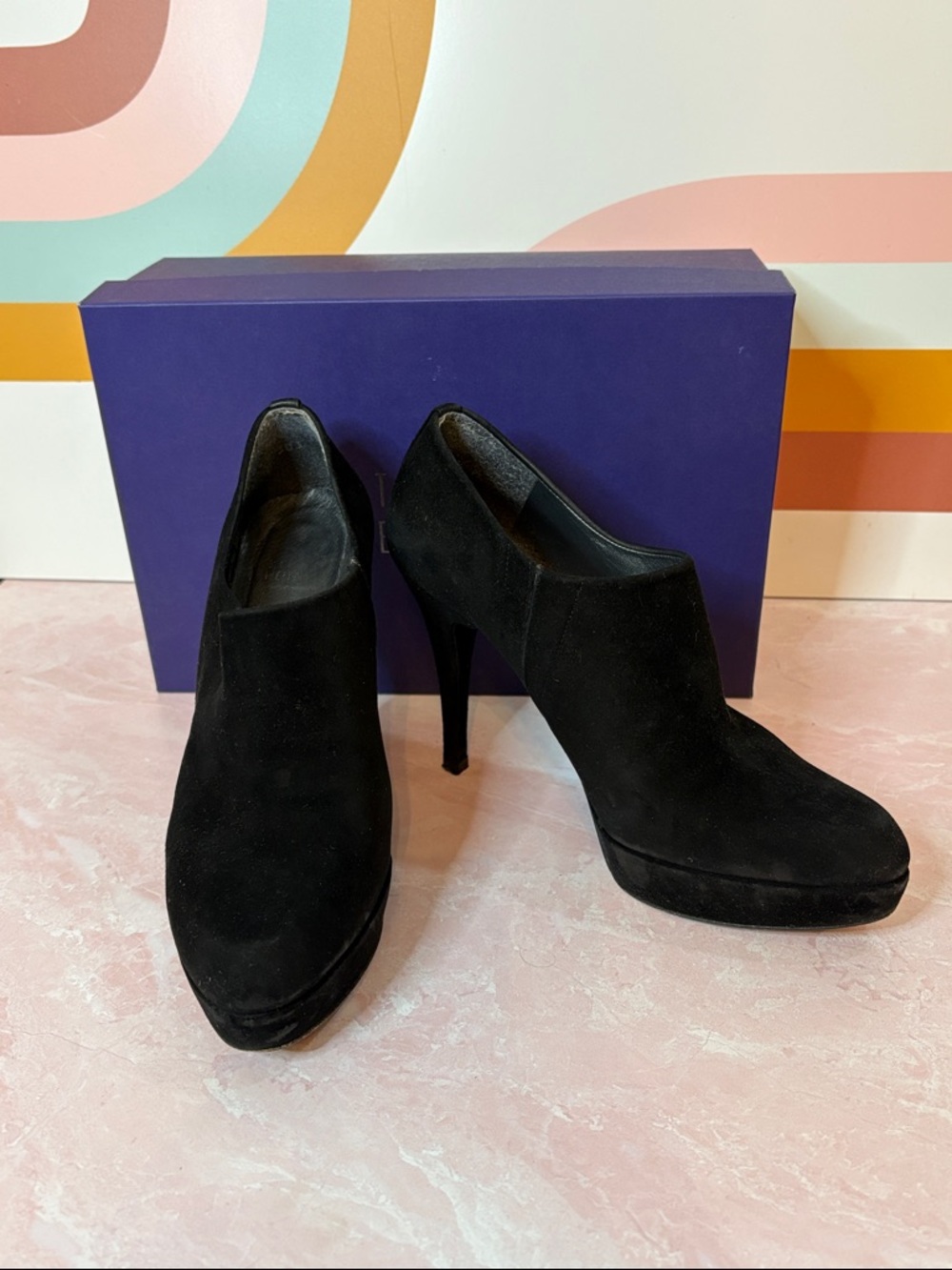 Stuart Weitzman Black Suede Platform Stiletto Booties 6.5